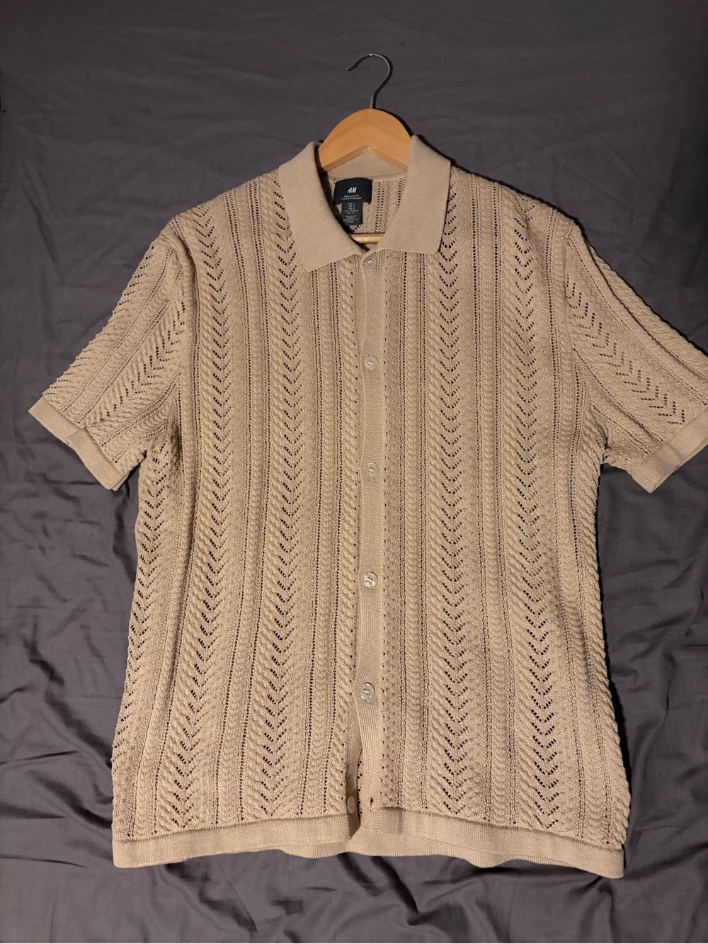 H&M Beige Openwork Knit Short-Sleeve Button-Up Shirt